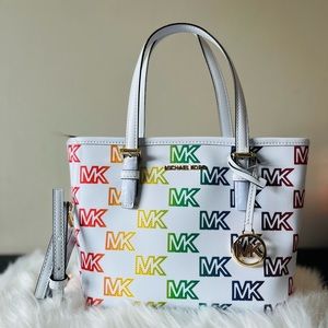 MK JET SET XS CARRYALL TOTE CROSSBODY RAINBOW OPTIC WHITE